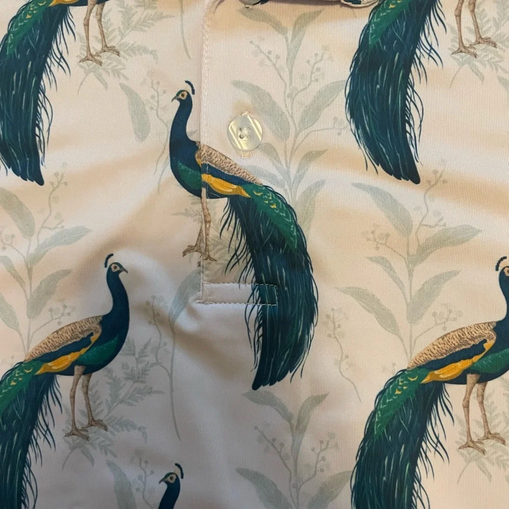 Waggle Men’s large Peacock Print golf Short Sleeve Shirt - Picture 5 of 5